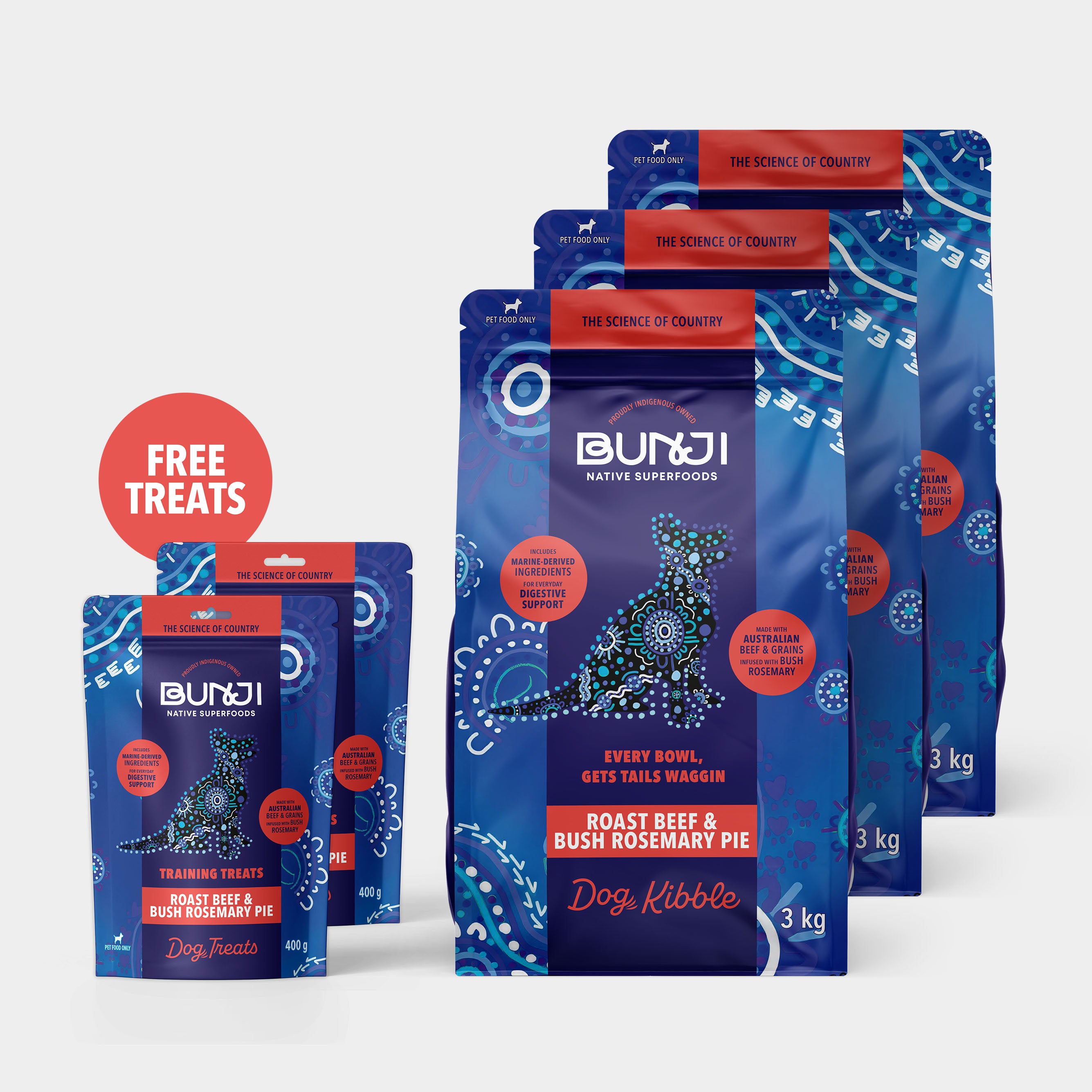 Bunji Roast Beef & Bush Rosemary Pie Super Kibble 9kg + 2 x Free Treats