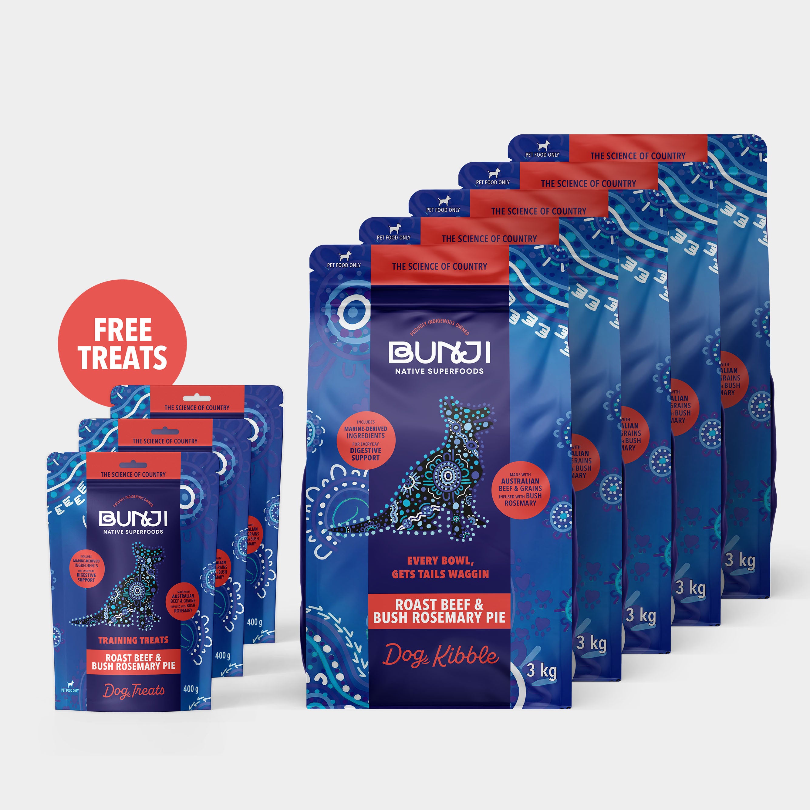 Bunji Roast Beef & Bush Rosemary Pie Super Kibble 15kg + 3 x Free Treats