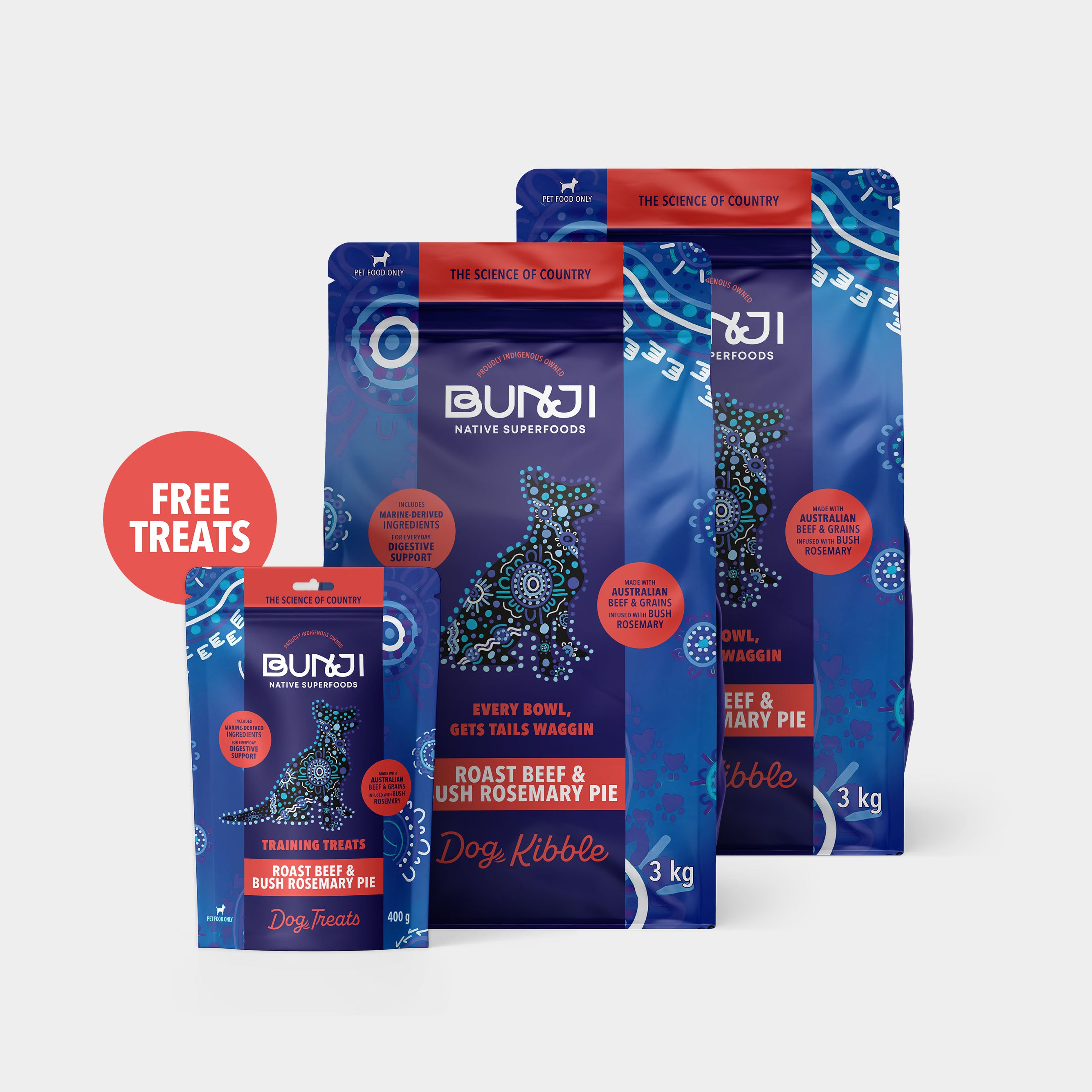 Bunji Roast Beef &amp; Bush Rosemary Pie Super Kibble 6kg + Free Treats