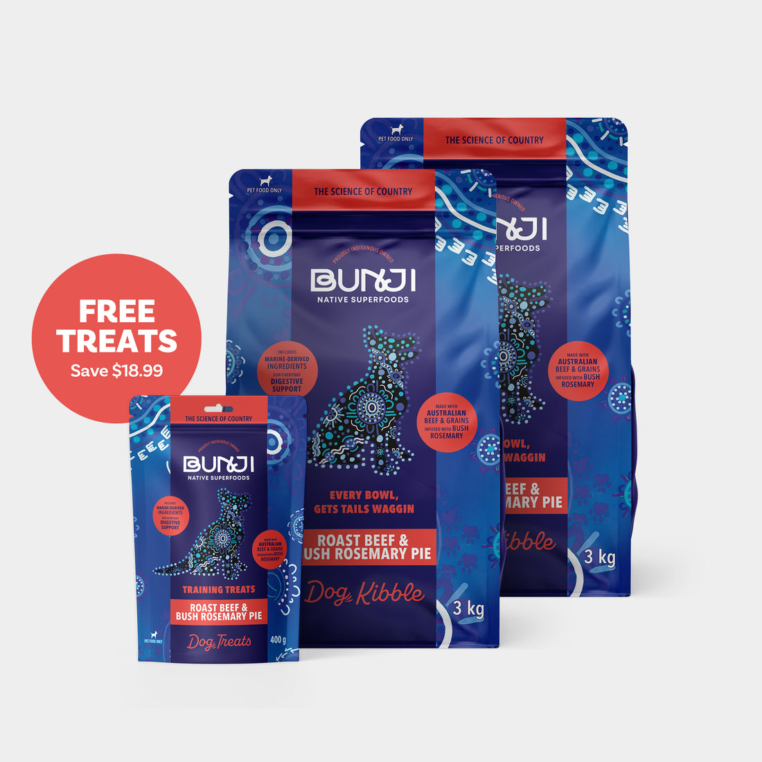 Bunji Roast Beef &amp; Bush Rosemary Pie Super Kibble 6kg + Free Treats