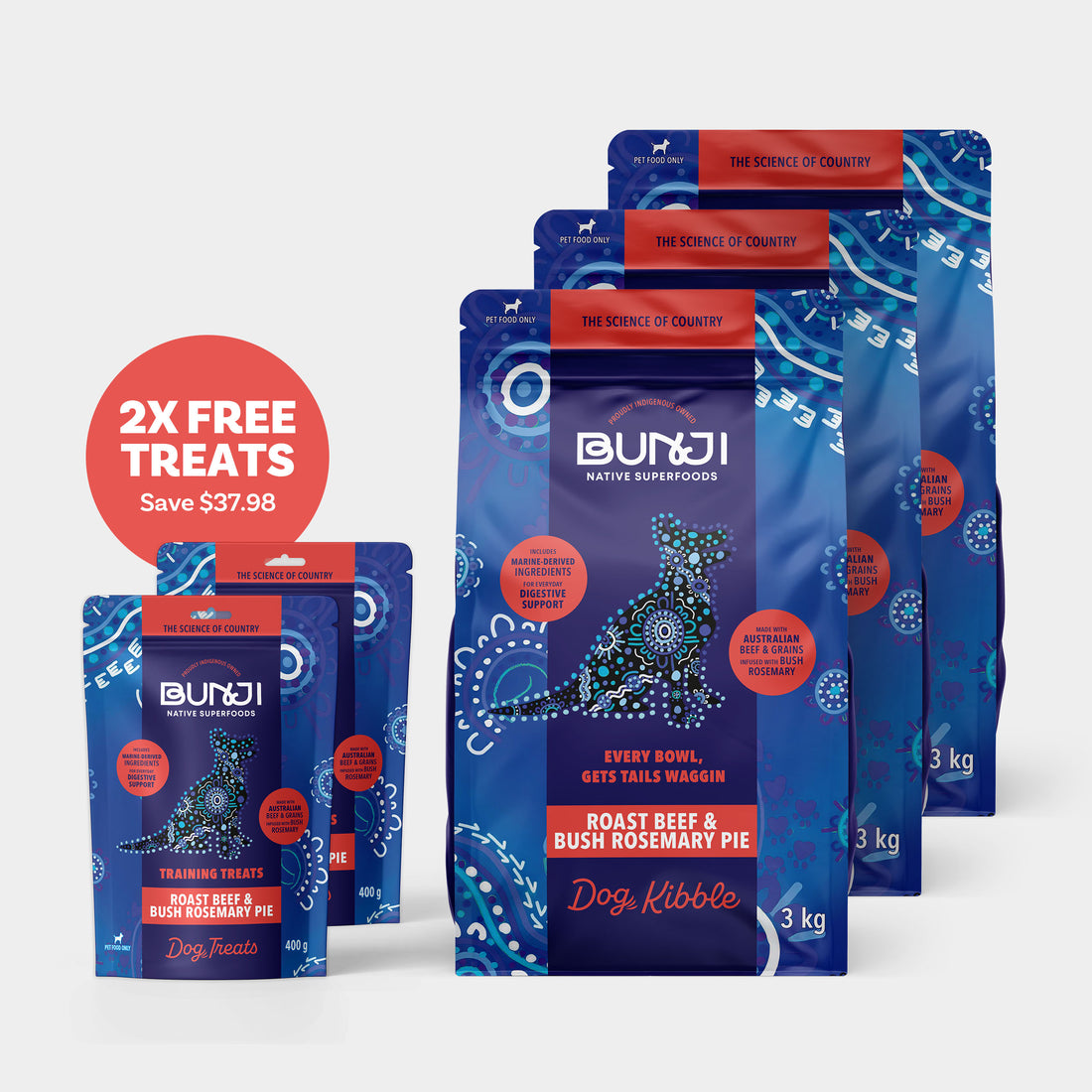 Bunji Roast Beef &amp; Bush Rosemary Pie Super Kibble 9kg + 2 x Free Treats