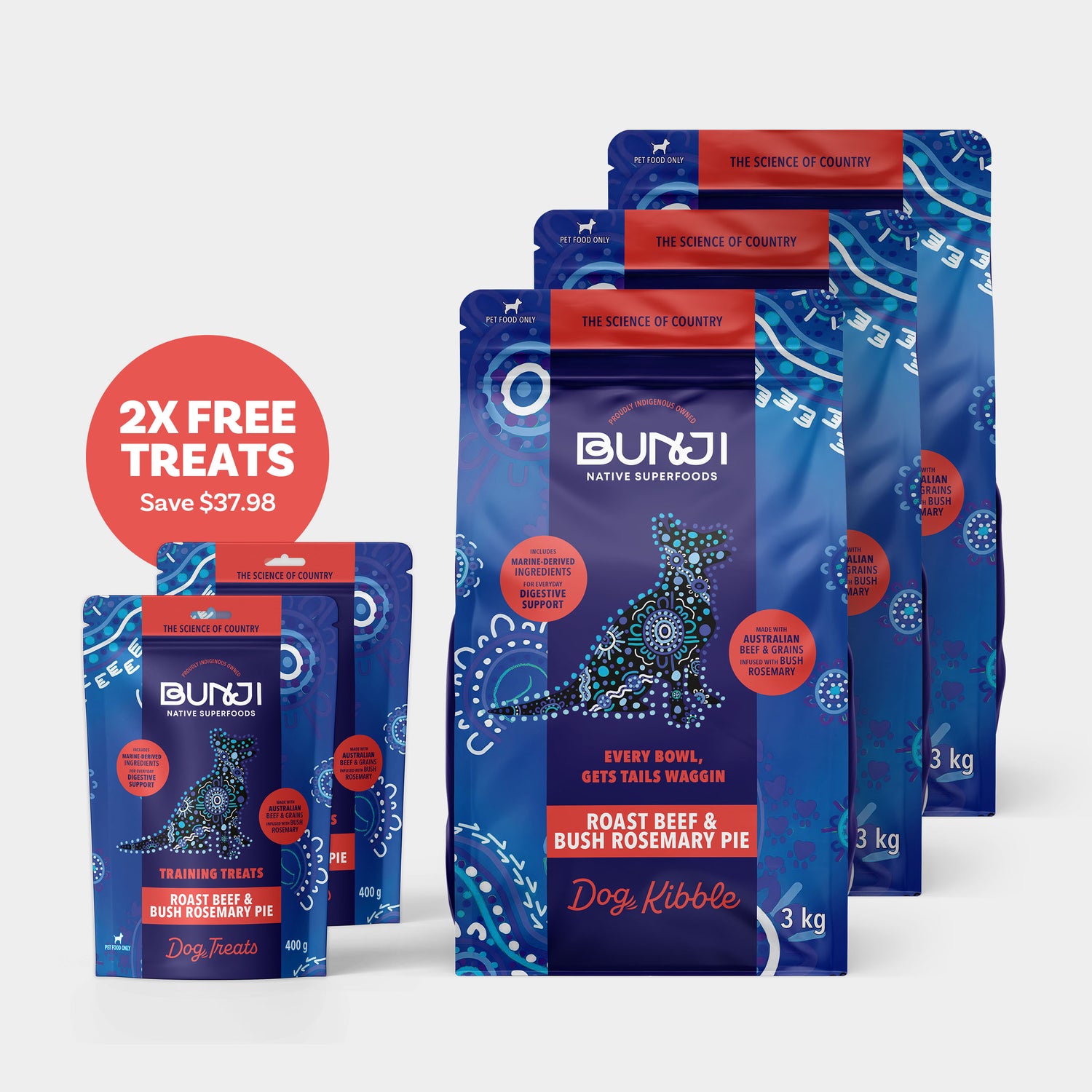 Bunji Roast Beef &amp; Bush Rosemary Pie Super Kibble 9kg + 2 x Free Treats
