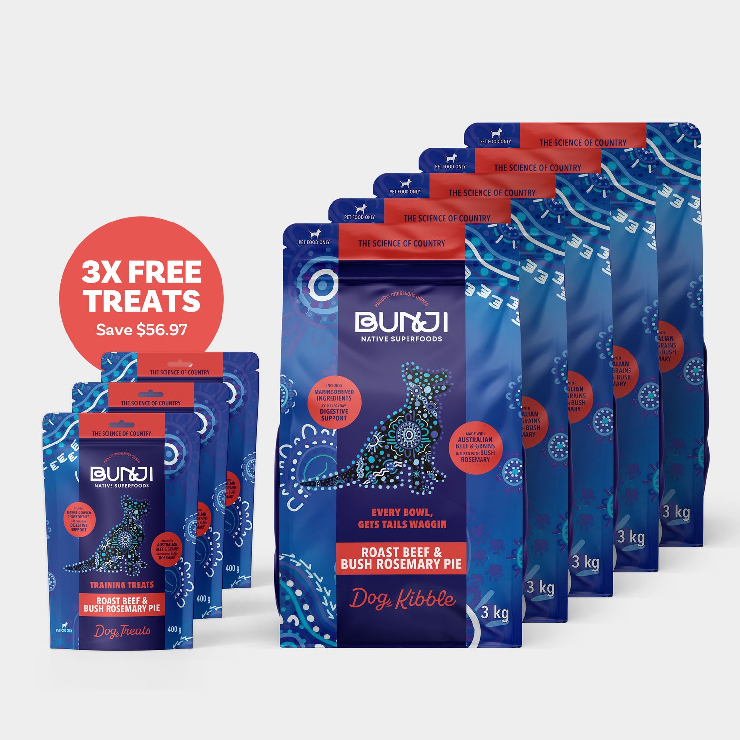 Bunji Roast Beef &amp; Bush Rosemary Pie Super Kibble 15kg + 3 x Free Treats